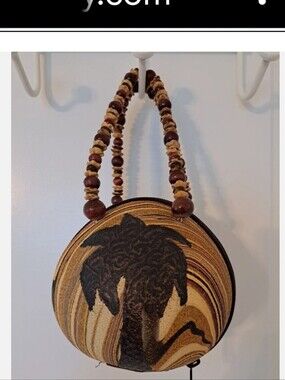 Coconut Shell Shaped Handbag/Purse Beaded Handle Palm Tree Design Zip Close.
